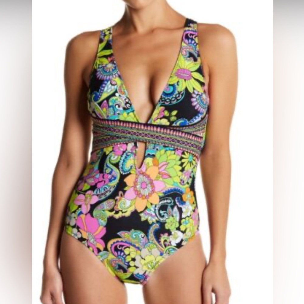 Trina Turk Monaco Vibrant Floral One-Piece Swimsuit Size 6 Cut outs, low back
